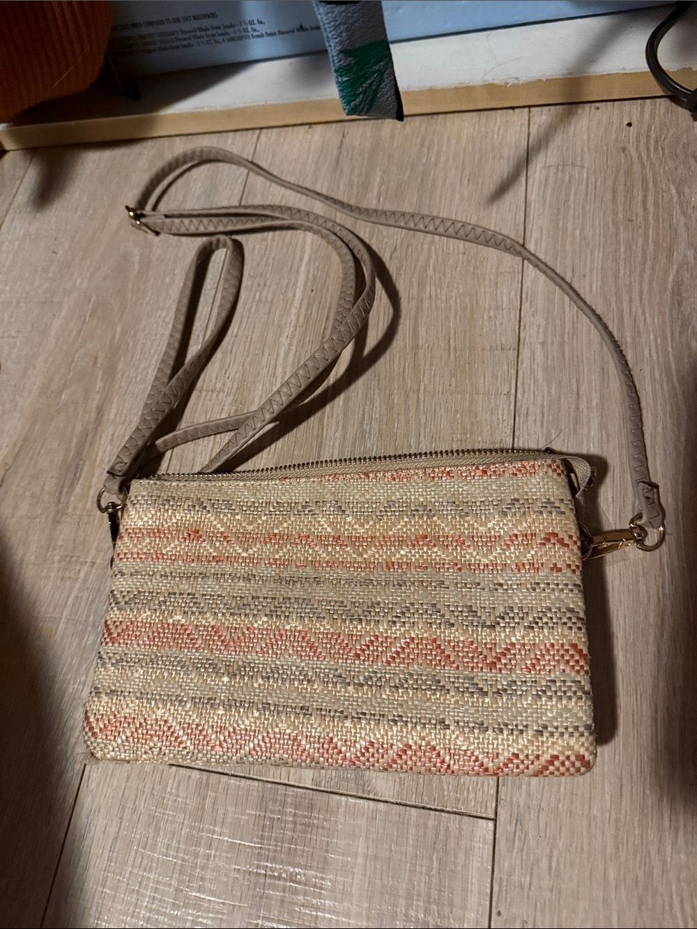Woven Neutral & Coral Crossbody Bag with Adjustable Strap
